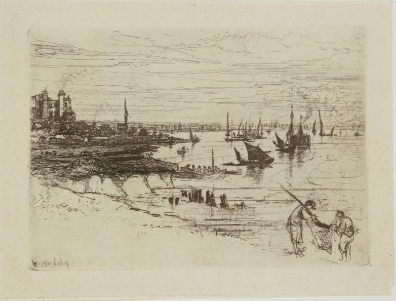 Sir Francis Seymour Haden (1818-1910)
The Inn, Purfleet. 1869. Eau-forte et pointe sèche. 245 x 175. Harrington 139. Très belle épreuve sur vergé. Minuscules rousseurs claires. Infime manque dans l'angle inférieur droit. Bonnes marges