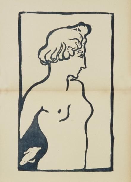 Louis VALTAT (1869-1952)
Femme en buste vers la droite. Bois gravé. 158 x 260. Impression en bleu foncé. Très belle épreuve sur vélin, du tirage effectué pour la revue La Plume (15 septembre 1897), avec pli horizontal médian normal. Toutes marges