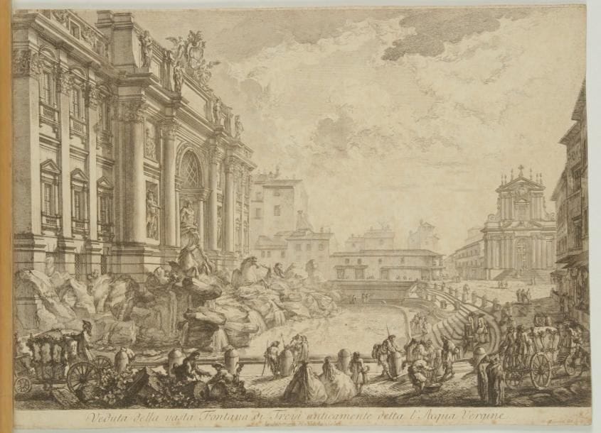Giambattista PIRANESI (1720-1778)
Veduta della vasta Fontana di Trevi... 1751. Eauforte. 540 x 397. Hind 19 (v/vii). Bonne épreuve, le prix effacé, avant le numéro, rognée au sujet mais bien complète de la tablette. Rousseurs