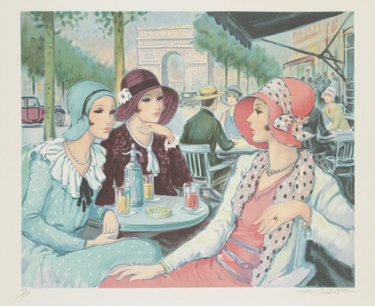 François BATET (né en 1923)
Élégantes des années 1920 à Paris. Vers 1960. Lithographie. [760 x 560]. Impression en couleurs. Très belles épreuves sur vélin, numérotées et signées à la mine de plomb. Toutes marges. Tirage à 200 épreuves. Ens. 5 p