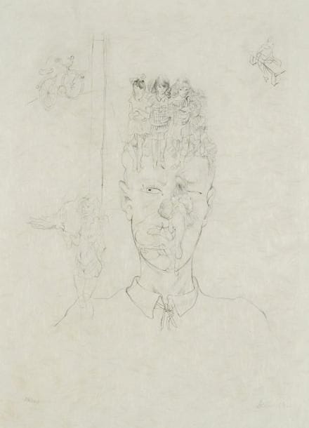 Hans BELLMER (1902-1975)
Tête avec jeunes filles. Gravure en collaboration avec Cécile Reims. 300 x 395. Très belle épreuve sur japon nacré, numérotée et signée à la mine de plomb. Marges. Tirage à 100 épreuves. Cadre