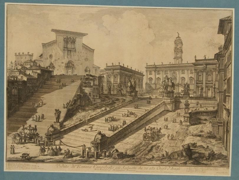 Giambattista PIRANESI (1720-1778)
Veduta del Romano Campidoglio con Scalinata... 1757. Eau-forte. 542 x 402. Hind 38 (iii/v). Bonne épreuve oxydée, le prix effacé, avant le numéro, rognée au trait carré mais bien complète de la tablette, collée sur vergé