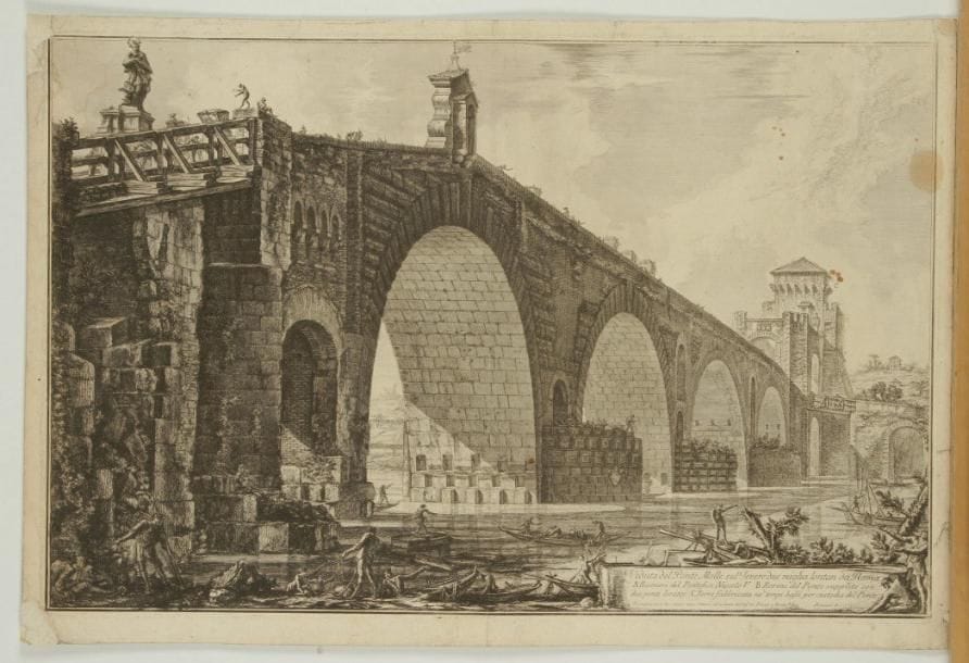 Giambattista PIRANESI (1720-1778)
Veduta del Ponte Molle sul Tevere... 1762. Eauforte. 675 x 442. Hind 64 (i/iv). Bonne épreuve avant le numéro. Traces de plis, taches claires et petits accidents. Les angles sommairement consolidés. Bonnes marges