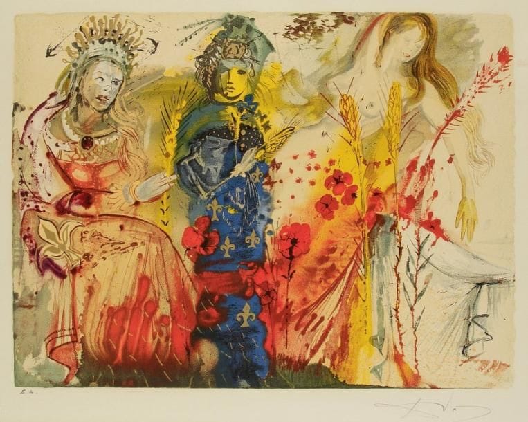 Salvador DALI (1904-1989)
L'Été. Pl. des Quatre saisons. 1972. Lithographie. 555 x 410. Impression en couleurs. Michler et Löpsinger 1361. Très belle épreuve sur vélin, justifiée «E.A.» et revêtue d'une signature à la mine de plomb. Traces d'oxydation marginales. Courte déchirure en pied. Toutes marges. Tirage annoncé à 195 épreuves. Les Heures claires éd