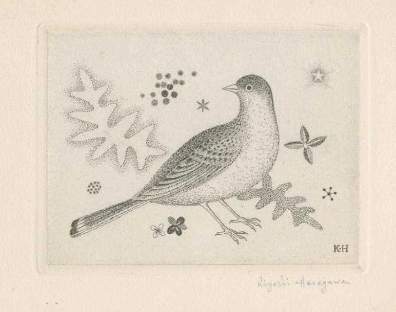 Kiyoshi Hasegawa (1891-1980)
Oiseau et feuillages. Carte de voeux. Vers 1960. Eau-forte. 125 x 95. Parfaite épreuve sur vélin, signée à la mine de plomb. Toutes marges