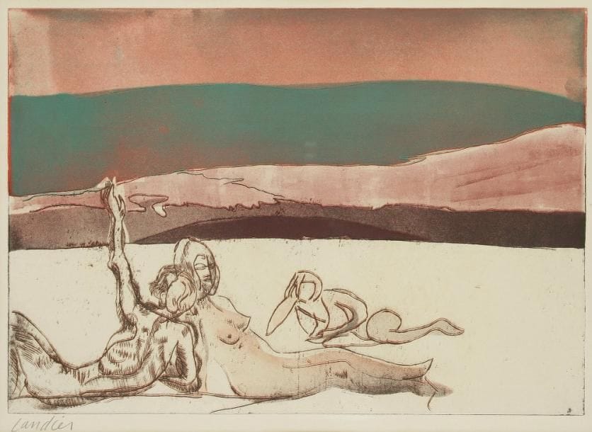 Henri Landier (né en 1935)
Les Femmes au bord de la mer. 1968. Eau-forte et aquatinte. 493 x 350. Impression en couleurs. Très belle épreuve d'essai sur vélin fort, signée à la mine de plomb. Oxydation sous le passe-partout. Marges. Cadre