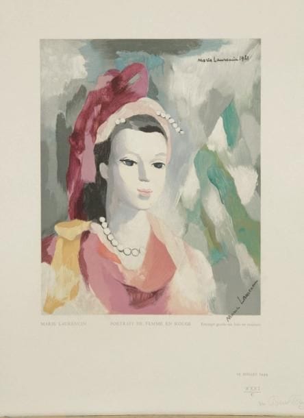 Marie Laurencin (1883-1956) (d'après)
Portrait de femme en rouge. 1949. Gravé sur bois par Robert Rey d'après un tableau de 1941. 232 x 293. Impression en couleurs. Très belle épreuve sur vélin blanc fort, numérotée et signée par le graveur, et signée dans le sujet à la pierre noire par M. Laurencin. Toutes marges