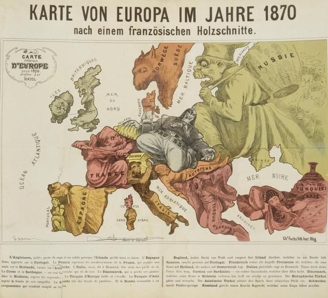 DIVERS
CARTE D'EUROPE. Paul Hadol (d'après). Karte von Europa im Jahre 1870 nach einem französischen Holzschnitte. Lithographie par Ch. Fuchs, Hambourg. 387 x 365. Impression en couleurs. Bonne épreuve sur vélin. Plis vertical et horizontal médians. Inscriptions à la plume et à l'encre bleue au verso. Réf.: Laurent Baridon, Un atlas imaginaire, Cartes allégoriques et satiriques, Paris, Citadelles et Mazenod, 2011, p. 112-113