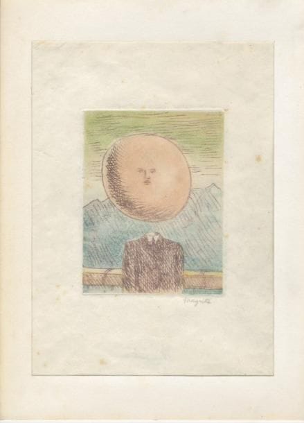 René MAGRITTE (1898-1967)
L'Art de vivre. Pl. I pour L. Scutenaire, Le Lien de paille, G. Visat éd., Paris, 1969. Eau-forte et aquatinte. 110 x 140. Kaplan-Baum 16. Très belle épreuve sur japon nacré, revêtue du timbre de l'atelier. Rousseurs claires éparses. Envoi à la mine de plomb d'un ancien propriétaire au verso. Toutes marges. Cadre