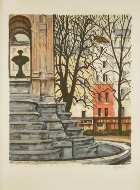 Takanori Oguiss (japonais, 1901-1986)
Fontaine à Paris. 1974. Lithographie. 455 x 550. Impression en couleurs. Très belle épreuve sur vélin, justifiée «E.A.» à la mine de plomb, dédicacée «à Bernard Halpern Bien vives félicitations», datée et signée. Toutes marges