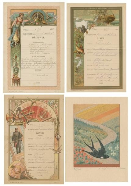 DIVERS
MENUS ILLUSTRÉS. 1890-1970. Un très fort lot pour des sociétés de bibliophiles (dont L'Automobile-Club de France), paquebots, etc. Lithographie, burin, eau-forte, pointe sèche, bois gravé ou gravure sur bois, etc., par ou d'après Avati, L. Bô, Chadel, Chahine, Ciry, Clairin, Corneau, Daragnès, Dauchot, Decaris, Doaré, Dubreuil, Frélaut, Goerg, Houplain, Jacquemin, L. Jou, Laboureur, Lhote, Malo- Renault, A. E. Martin, Minaux, M. Orazi, Ramondot, Rassenfosse, Schmied, Trémois, Vieillard, etc. Certains enrichis de dessins et autographes par divers artistes participant aux dîners. Joint: 3 menus pour la Présidence de la République (ex. de Mme R. Poincaré, Mme Lyautey...) Ens. 100 p. env