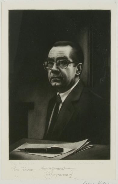 Erling Valtyrson (norvégien, né en 1955)
Portrait allégorique d'un marchand d'estampes (Arsène Bonafous-Murat). 1996. Manière noire. 168 x 250. Parfaite épreuve sur vélin blanc, numérotée, annotée, signée et datée à la mine de plomb, puis dédicacée et signée par le modèle. Toutes marges. Tirage à 50 épreuves. Cadre