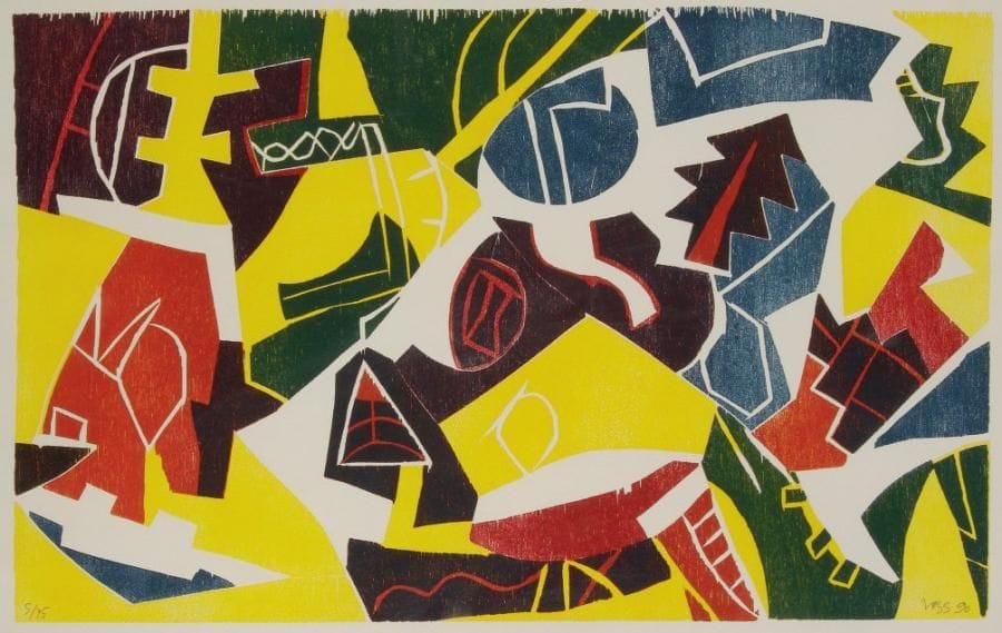 Jan Voss (allemand, né en 1936)
Le Jardin. 1990. Bois gravé. 420 x 265. Impression en couleurs. Parfaite épreuve sur vélin blanc, numérotée, signée et datée à la mine de plomb. Toutes marges. Tirage à 75 épreuves. Cadre