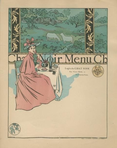 George Auriol (Jean-Georges Huyot, dit) (1863-1938)
Menu illustré pour le «Logiz du Chat Noir». Vers 1899. Gillotage. 237 x 308. Fields 402. Très belle épreuve sur vélin fort, coloriée au pochoir, avant lettre. Quelques courts plis cassés. Courte déchirure au bord gauche. Toutes marges
