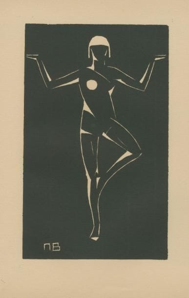 Marcel-Louis Baugniet (belge, 1896-1995)
Kaloprosopies (études de danseuses). Bruxelles, les éditions de la Vache Rose. Vers 1920. Bois gravé. Format de l'album: 260 x 340. Suite complète de 9 pl. Très belles épreuves sur vergé, certaines avec traces d'oxydation, sous couverture de l'édition très défraîchie, numérotée et signée sur le dernier rabat