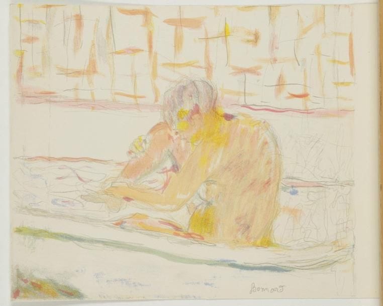 Pierre BONNARD (1867-1947)
Femme assise dans sa baignoire. Couverture du programme pour la «Grande Soirée Maurice Chevalier» du vendredi 14 août 1942 aux Ambassadeurs à Cannes. 1942. Lithographie. 325 x 248. Bouvet 115. Impression en couleurs. Très belle épreuve sur un seul feuillet, sans le texte du programme, les couleurs très fraîches. Petites épidermures en tête au verso