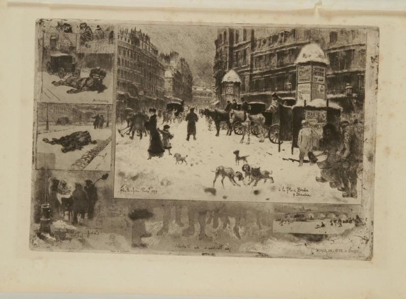 Félix BUHOT (1847-1898)
L'Hiver à Paris, ou La Neige à Paris. 1879. Eau-forte, pointe sèche et vernis mou. 347 x 238. Bourcard, Goodfriend 128. Belle épreuve sur vergé, du tirage de L'Art. Rousseurs éparses et traces de plis. Toutes marges