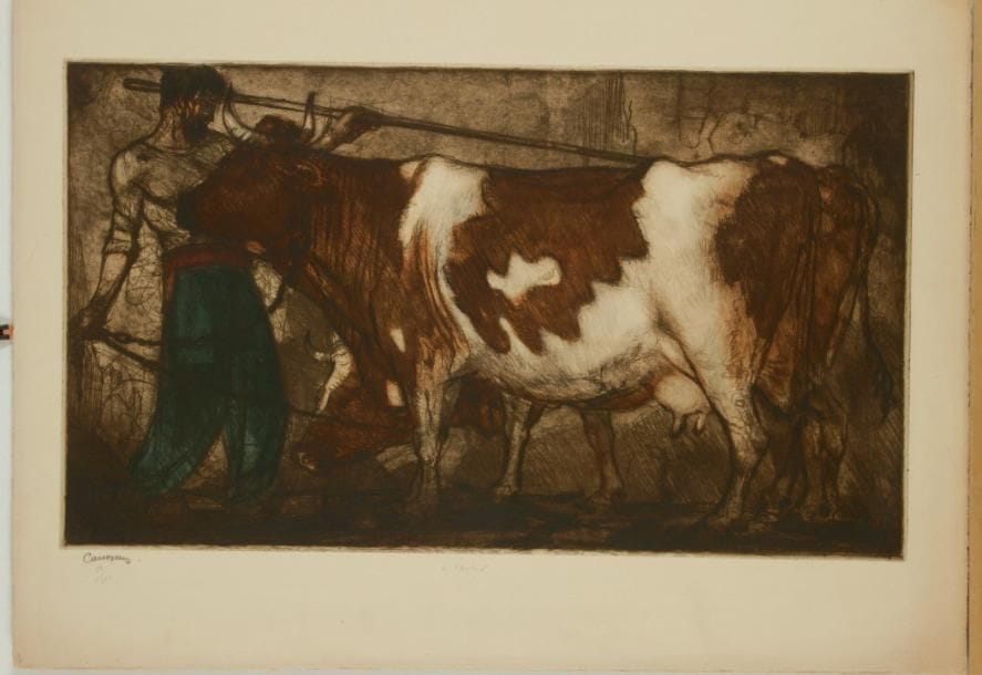 Armand Coussens (1881-1935)
Le Vacher. Eau-forte et vernis mou. 675 x 390. Impression en couleurs. Très belle épreuve sur vélin fort, signée, numérotée et titrée à la mine de plomb. Légère oxydation et traces de plis aux bords du feuillet. Toutes marges. Tirage à 100 épreuves. Joint: La Fuite en Égypte. Lithographie. 458 x 255. Très belle épreuve sur vergé, signée et numérotée à la mine de plomb. Menus accidents aux bords du feuillet. Toutes marges. Tirage à 75 épreuves. Ens. 2 p