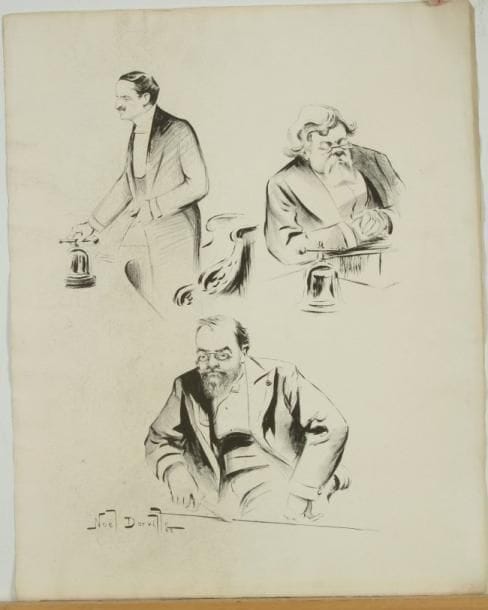 Noël DORVILLE (1874-1938)
Le Monde politique (portraits-charges de Waldeck-Rousseau, Deschanel, Combes, Jaurès, etc.). Paris, Imp. lithographique J. Thil. 1902-1903. Lithographie. Format de l'album: 460 x 580. Réunion de 5 fascicules de 10 planches avec leurs index. Très belles épreuves sur vélin blanc, numérotées au composteur au verso. Cartonnage imprimé de l'édition (très défraîchi)