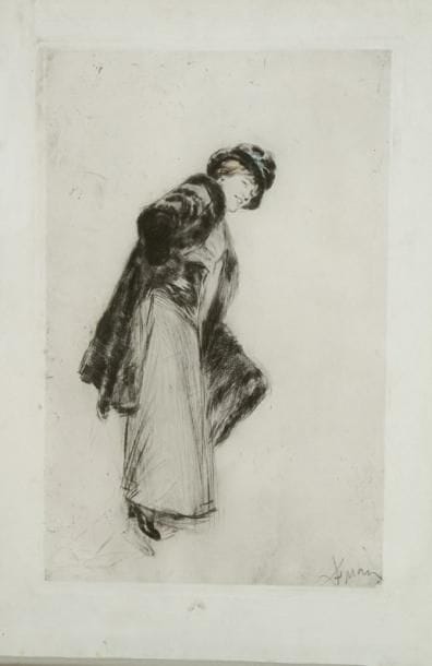Étienne DRIAN (1885-1961)
Femme en chapeau riant, main sur la hanche. Vers 1900. Pointe sèche. 345 x 518. Belle épreuve sur vélin fort, lavée, signée à la mine de plomb dans le sujet en bas à droite. Quelques rousseurs claires et légères auréoles d'humidité essentiellement marginales. Toutes marges