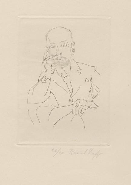 Raoul DUFY (1877-1953)
Portrait de Fernand Fleuret. Vers 1930. Eau-forte. 90 x 125. I.F.F. 48. Très belle épreuve de tiré à part sur japon, numérotée et signée à la mine de plomb. Toutes marges. Tirage à 20 épreuves. Joint: Portrait de Vollard. Vers 1930. Eau-forte. [213 x 270]. I.F.F. 49. Très belle épreuve sur vergé de Montval. Ens. 2 p