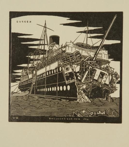 Valentine Gross (plus tard Valentine Hugo) (1887-1968)
Sussex - Boulogne-sur-Mer. 1916. Bois gravé. 197 x 193. Réunion de 10 épreuves sur différents papiers (dont papier calque). Accidents aux bords du feuillet. Toutes marges. Joint: 3 vignettes gravées sur bois. Ens. 13 p