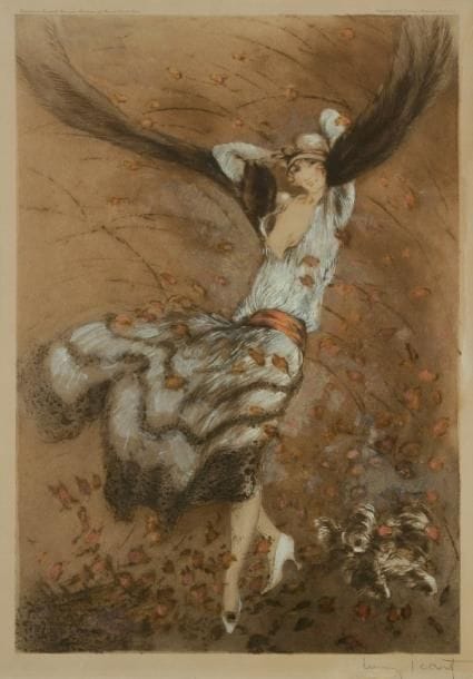 Louis ICART (1888-1950)
Tourbillon d'automne (Autumn Swirls). 1924. Pointe sèche. À vue: 325 x 450. Impression en couleurs. Bonne épreuve sur vélin, oxydée, avec larges rehauts à la gouache blanche, revêtue d'une signature à la mine de plomb. Épidermure et traces de colle aux bords du feuillet. Marges. Cadre