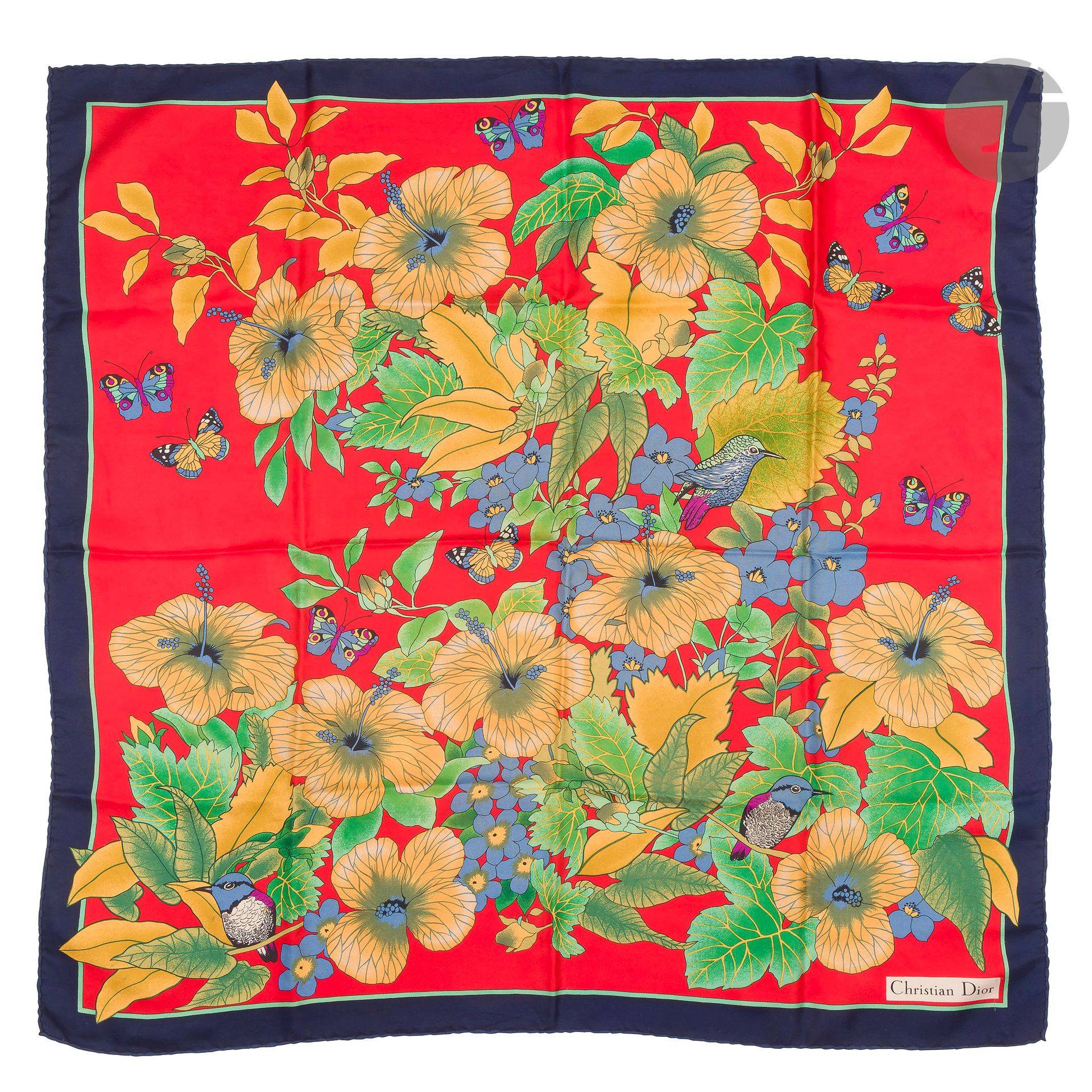 CHRISTIAN DIOR
Silk twill scarf decorated with flowers and butterflies on a red background, navy blue border. 87 x 87 cm (threads pulled)