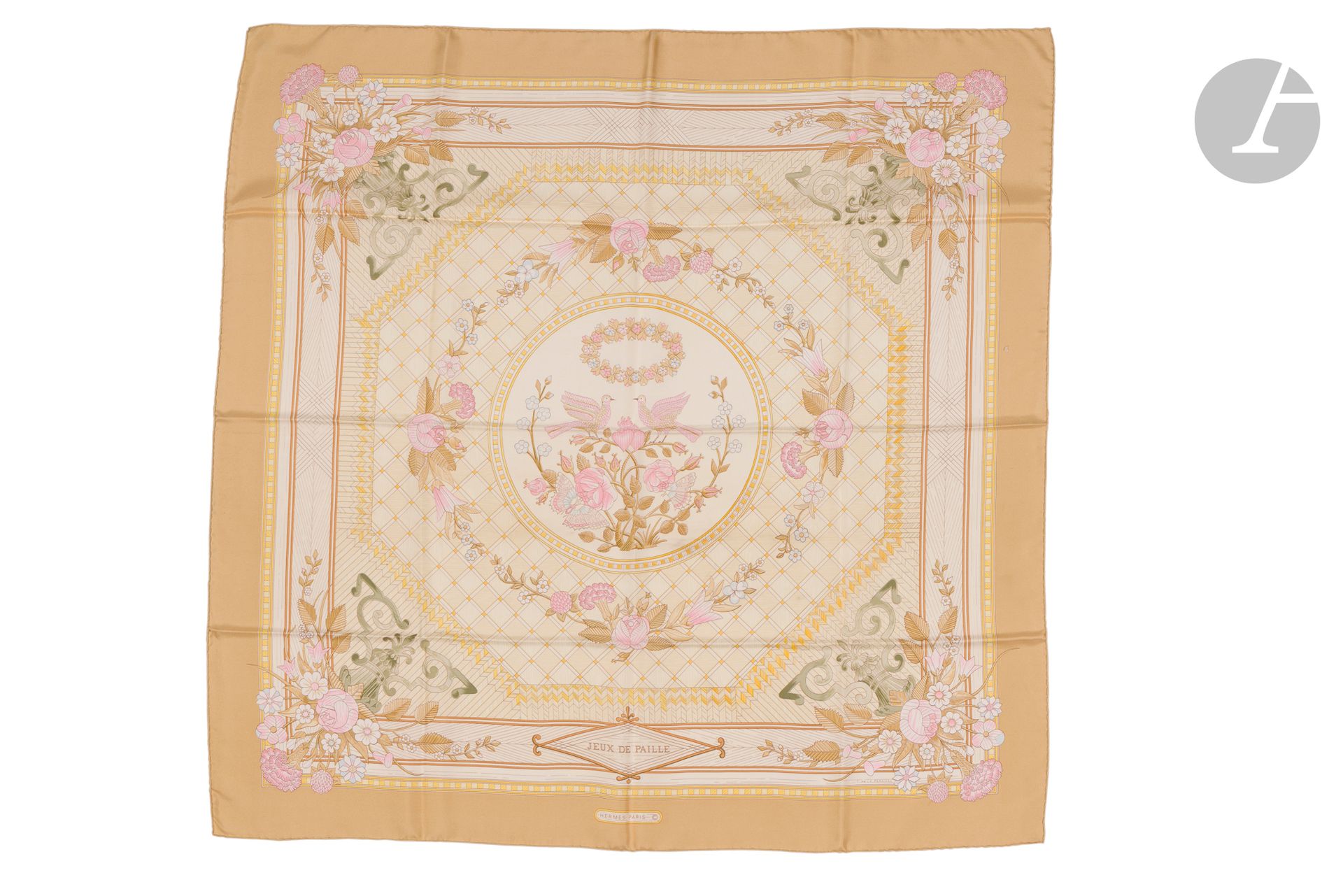 HERMÈS PARIS
Carré 90 en twill de soie "Jeux de Paille", signé F de La Perrière, entourage beige