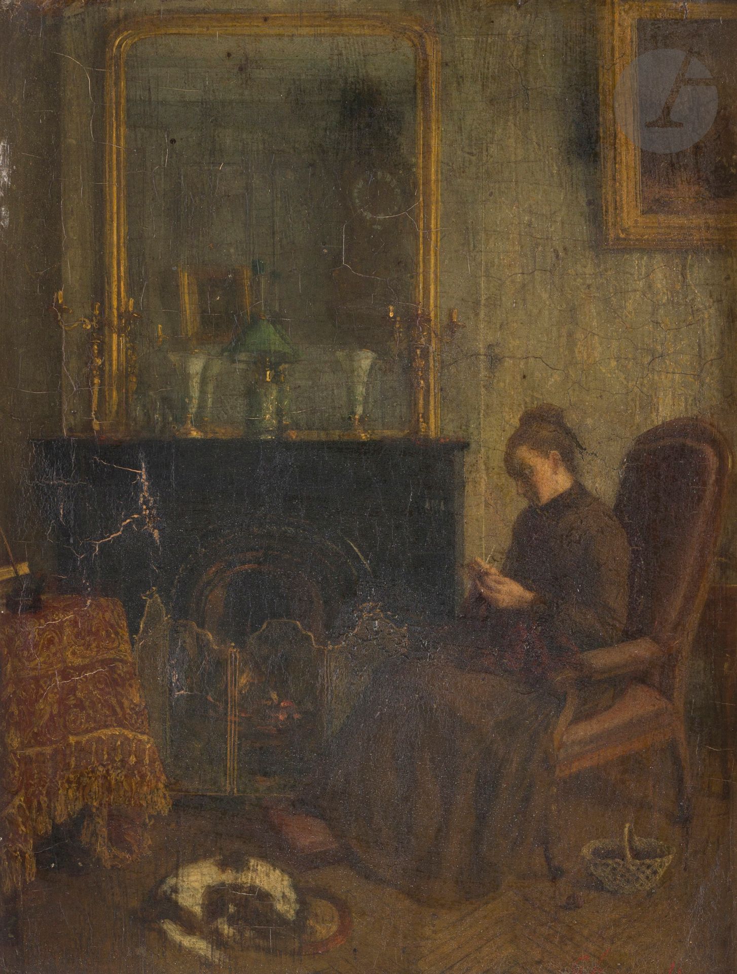Jacques Gustave HAMELIN (Honfleur 1809 - 1895)
Woman knitting by the fire
Panel, painted on reverse
Signed lower right "G. Hamelin".
25.5x19.5cm