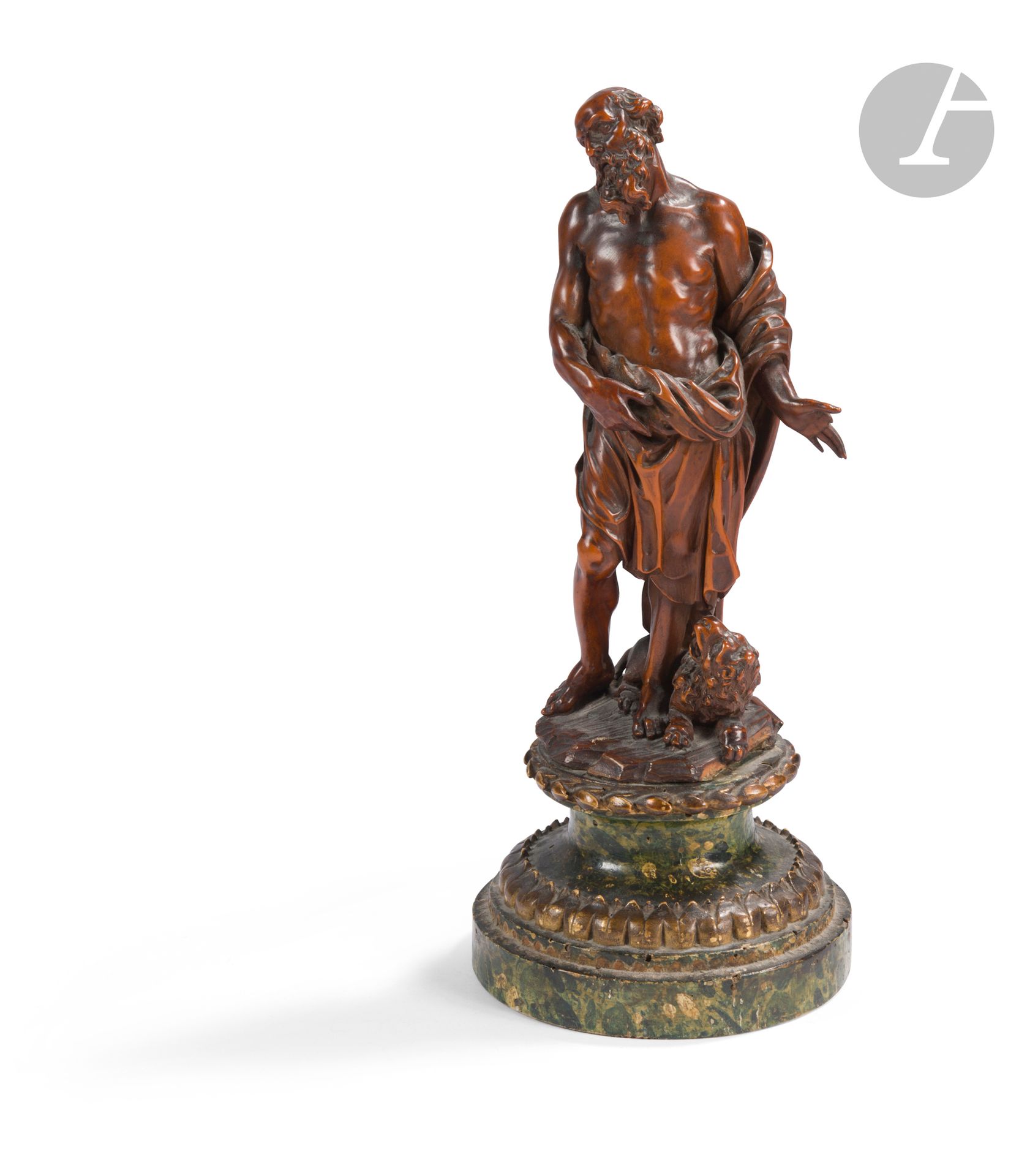 École française de la fin du XVIIe ou du début du XVIIIe siècle
Saint-Jérôme 
Statuette en bois fruitier 
Porte à l’encre sous le dessous du socle le numéro «894»
H.: 29cm, sur un piédouche peint en trompe-l’œil à l’imitation du marbre H.: 8cm
Accidents et manques (un doigt et un petit morceau de la terrasse)