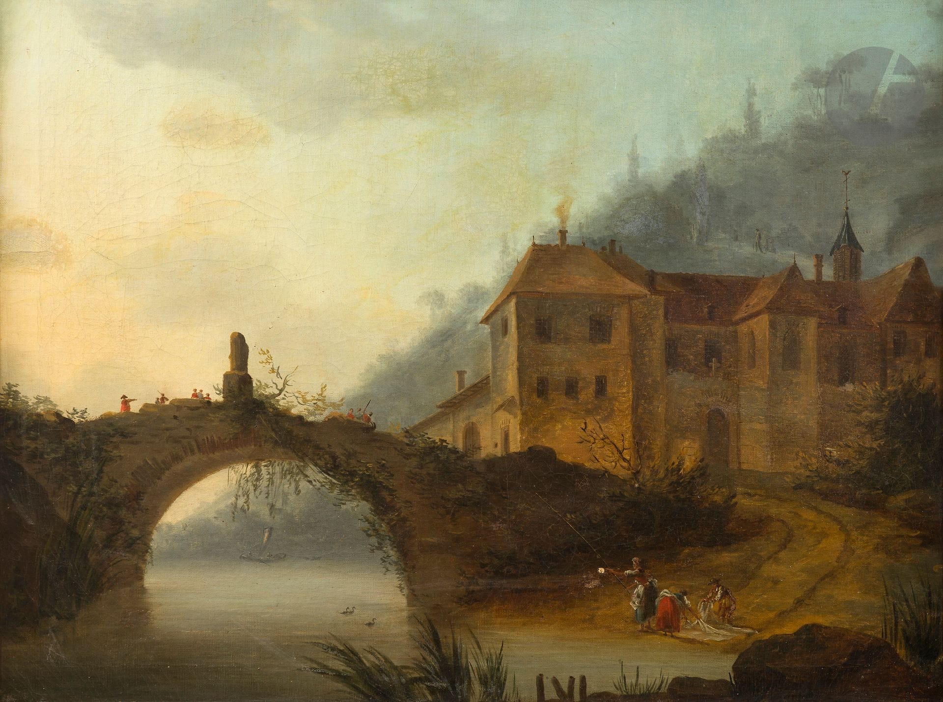 École française vers 1800
Femme pêchant près d’un pont
Toile
(Restaurations anciennes)
58x76,5cm