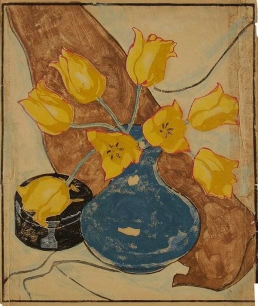 Divers, Anonyme
Tulipes jaunes dans un vase bleu. Bois gravé. [385 x 470]. Impression en couleurs. Épreuve sur vélin mince chamois, manquant de conservation (bords latéraux très accidentés et renforcés au verso). Cadre
