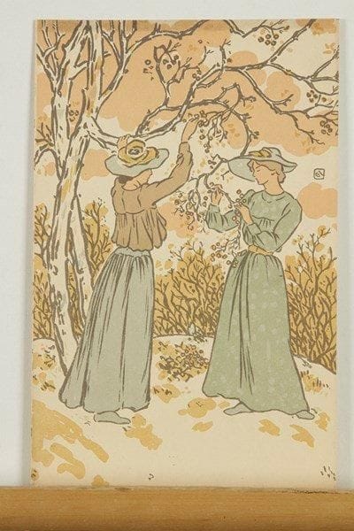 George Auriol (Jean-Georges Huyot, dit) (1863-1938)
Carte de voeux pour 1899 (Deux femmes sous un arbre en hiver). Lithographie. 117 x 179. Fields 362. Impression en couleurs. Très belle épreuve sur vélin fort, sans texte. Fine bande d?empoussiérage en tête