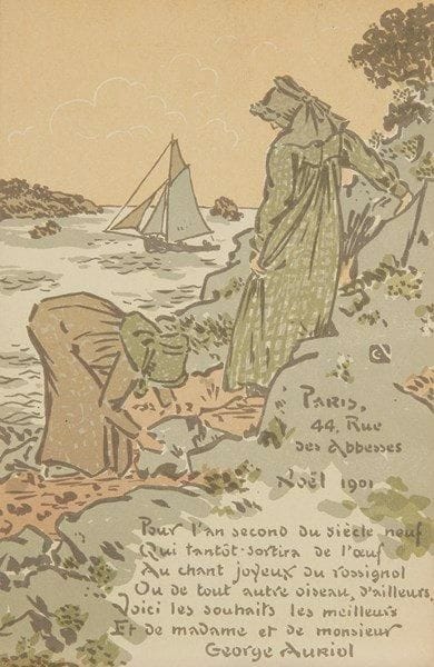 George Auriol (Jean-Georges Huyot, dit) (1863-1938)
Carte de voeux pour 1901(Deux femmes ramassant des coquillages sur les rochers). Lithographie. 115 x 182. Fields non décrit. Impression en couleurs. Très belle épreuve sur vélin fort