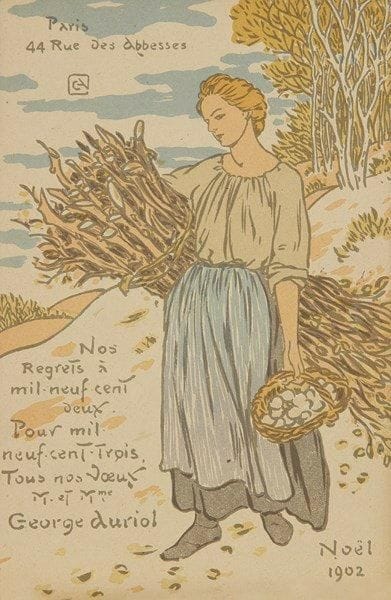 George Auriol (Jean-Georges Huyot, dit) (1863-1938)
Carte de voeux pour 1902 (Femme portant un fagot et un panier). Lithographie. 119 x 178. Fields non décrit. Impression en couleurs. Très belle épreuve sur vélin fort