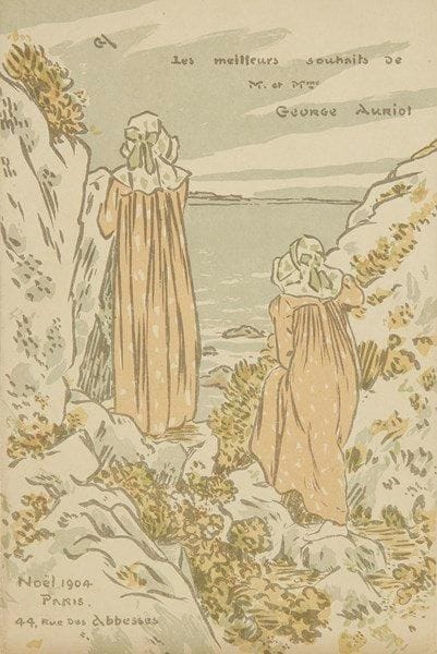 George Auriol (Jean-Georges Huyot, dit) (1863-1938)
Carte de voeux pour 1904 (Femmes dans les rochers, contemplant la mer). Lithographie. 118 x 180. Fields non décrit. Impression en couleurs. Très belle épreuve sur vélin fort