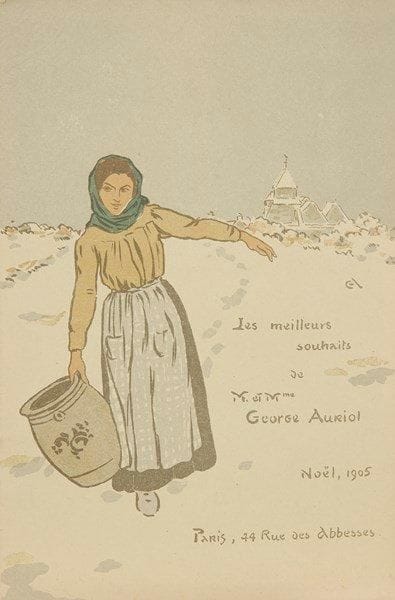 George Auriol (Jean-Georges Huyot, dit) (1863-1938)
Carte de voeux pour 1905 (Femme dans la neige, portant une jarre). Lithographie. 118 x 180. Fields 365. Impression en couleurs. Très belle épreuve sur vélin fort. Courts plis cassés dans l?angle supérieur gauche