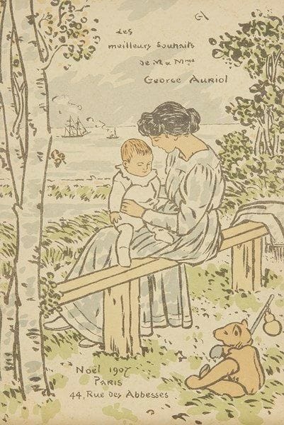 George Auriol (Jean-Georges Huyot, dit) (1863-1938)
Carte de voeux pour 1907 (La Femme de l?artiste et son fils). Lithographie. 118 x 180. Fields 366. Impression en couleurs. Très belle épreuve sur vélin fort