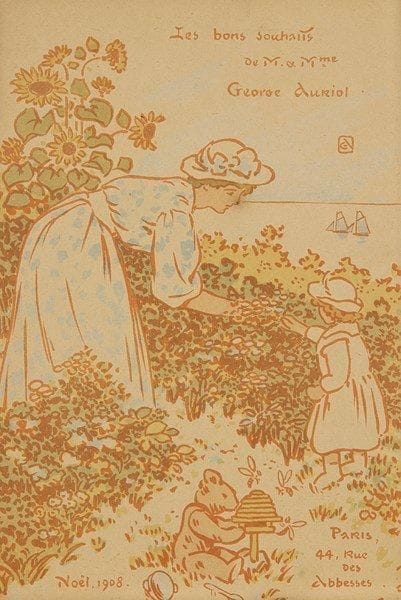 George Auriol (Jean-Georges Huyot, dit) (1863-1938)
Carte de voeux pour 1908 (Jeune femme et enfant devant la mer). Lithographie. 118 x 178. Fields 367. Impression en couleurs. Très belle épreuve sur vélin fort. Une petite rousseur sur le nez de la femme