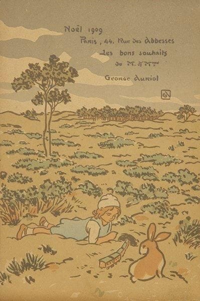 George Auriol (Jean-Georges Huyot, dit) (1863-1938)
Carte de voeux pour 1909 (Petit garçon jouant avec un train dans l?herbe auprès d?un lapin). Lithographie. 118 x 180. Fields 368. Impression en couleurs. Belle épreuve sur vélin fort, légèrement oxydée