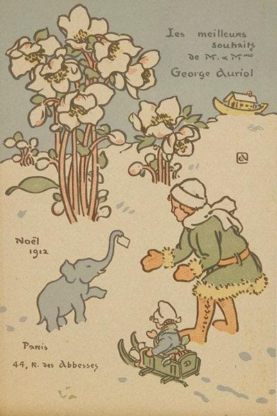 George Auriol (Jean-Georges Huyot, dit) (1863-1938)
Carte de voeux pour 1912 (Enfant dans la neige avec éléphant et petit traîneau). Lithographie. 118 x 180. Fields non décrit. Impression en couleurs. Très belle épreuve sur vélin fort