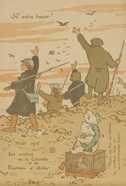 George Auriol (Jean-Georges Huyot, dit) (1863-1938)
Carte de voeux pour 1915 («Les Maîtres de la Colombe et du Rameau d?Olivier»). Lithographie. 118 x 180. Fields non décrit. Impression en couleurs. Très belle épreuve sur vélin fort