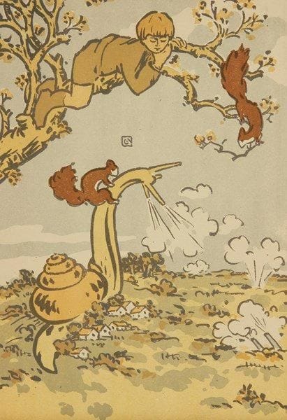 George Auriol (Jean-Georges Huyot, dit) (1863-1938)
Carte de voeux pour 1916 (Enfant dans un arbre, écureuils et escargots au-dessus des tirs d?obus). Lithographie. 118 x 180. Fields 370. Impression en couleurs. Très belle épreuve sur vélin fort, sans texte