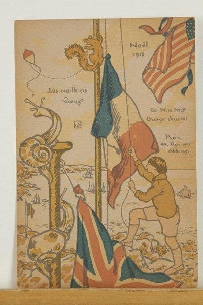 George Auriol (Jean-Georges Huyot, dit) (1863-1938)
Carte de voeux pour 1918 (Enfant hissant le drapeau devant la mer). Lithographie. 115 x 175. Fields 372. Impression en couleurs. Très belle épreuve sur vélin fort