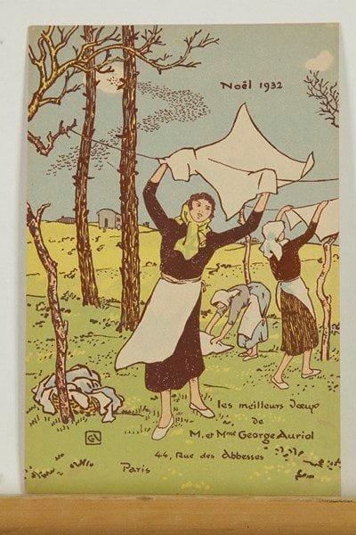 George Auriol (Jean-Georges Huyot, dit) (1863-1938)
Carte de voeux pour 1932 (Femmes étendant du linge par grand vent). Lithographie. 119 x 178. Fields 386. Impression en couleurs. Très belle épreuve sur vélin fort