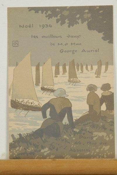 George Auriol (Jean-Georges Huyot, dit) (1863-1938)
Carte de voeux pour 1934 (Femmes regardant la rentrée des barques). Lithographie. 115 x 168. Fields 388. Impression en couleurs. Très belle épreuve sur vélin fort