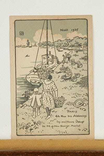 George Auriol (Jean-Georges Huyot, dit) (1863-1938)
Carte de voeux pour 1935 (Personnages au bord d?une rivière). Lithographie. 115 x 168. Fields 389. Impression en couleurs. Belle épreuve sur vélin fort. Rousseurs claires éparses