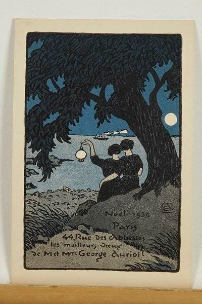 George Auriol (Jean-Georges Huyot, dit) (1863-1938)
Carte de voeux pour 1936 (Deux femmes sur la côte avec une lanterne, un vapeur au loin). Procédé photomécanique. 122 x 183. Fields 390. Impression en couleurs. Très belle épreuve sur vélin fort