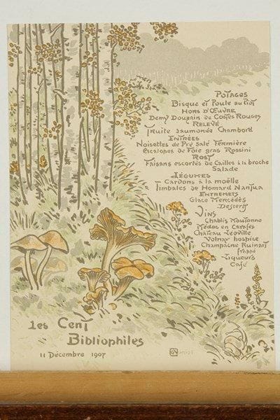 George Auriol (Jean-Georges Huyot, dit) (1863-1938)
Menu pour Les Cent Bibliophiles. 1907. Lithographie. 148 x 195. Fields 403. Impression en couleurs. Très belle épreuve sur vélin fort